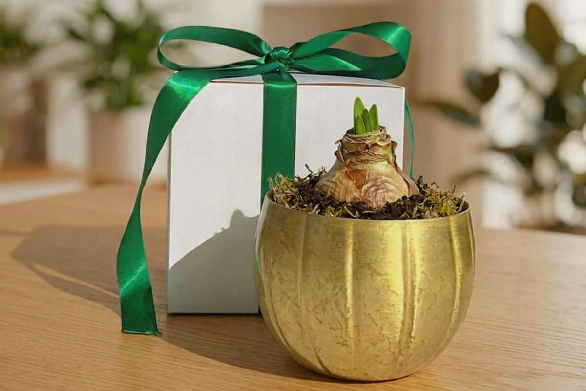 A hyacinth bulb sprouting in a gold-colored bowl next to a white gift box tied with a green ribbon.
